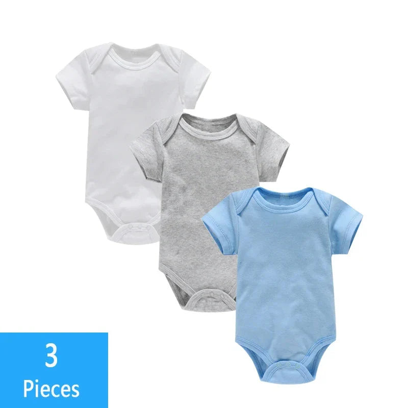 3PCS Baby Bodysuit Set (0–12M) – Soft Cotton Solid Color Summer Rompers for Boys & Girls