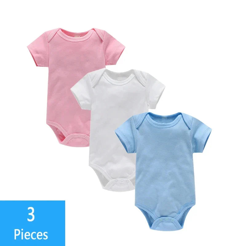 3PCS Baby Bodysuit Set (0–12M) – Soft Cotton Solid Color Summer Rompers for Boys & Girls