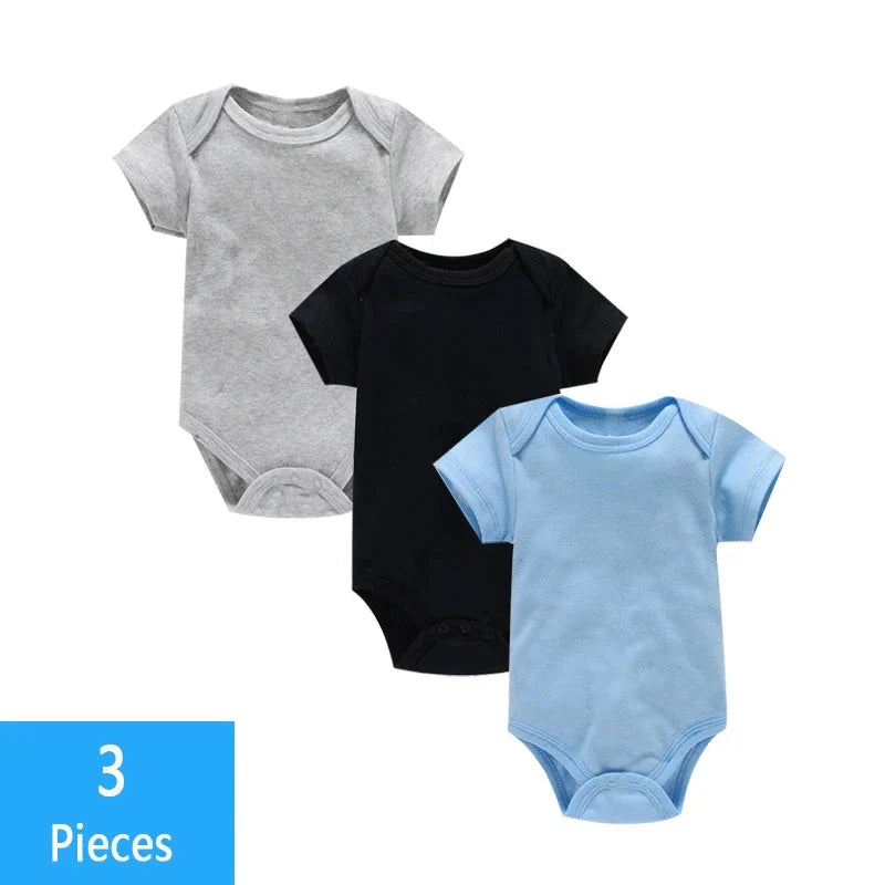 3PCS Baby Bodysuit Set (0–12M) – Soft Cotton Solid Color Summer Rompers for Boys & Girls