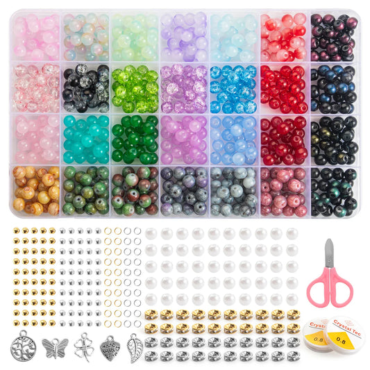 Glass Beads Bracelet Making Kit – 28 Colors 8mm Crystal & Gemstone Beads with DIY Jewelry Accessories