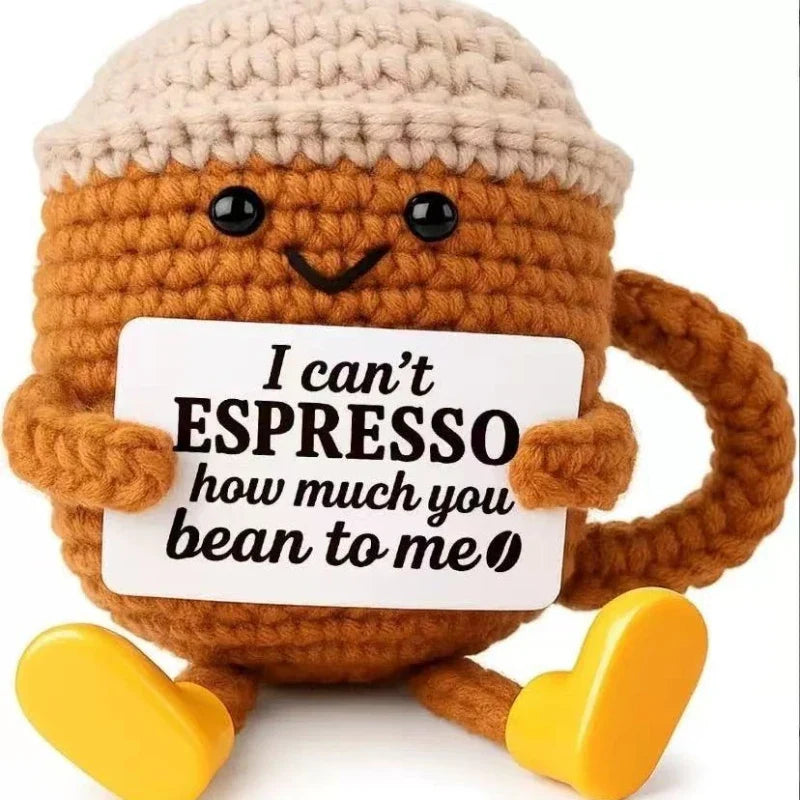 Funny Crochet Emotional Support Coffee Doll With Card Desktop Ornament Handmade Knitted Coffee Dolls Christmas Gifts Home Decor