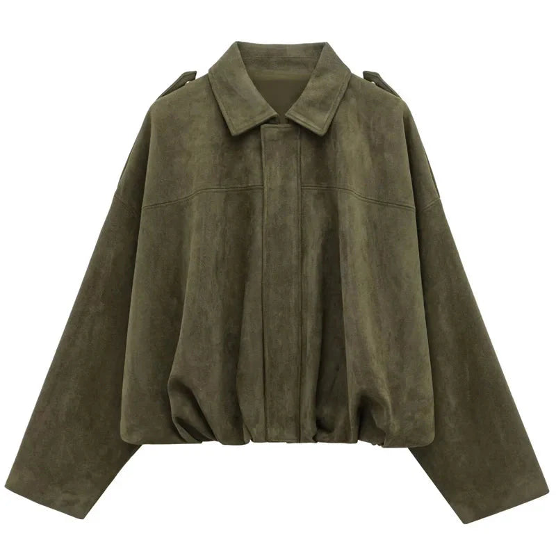 Women’s Suede Bomber Jacket – Cropped Racing Style