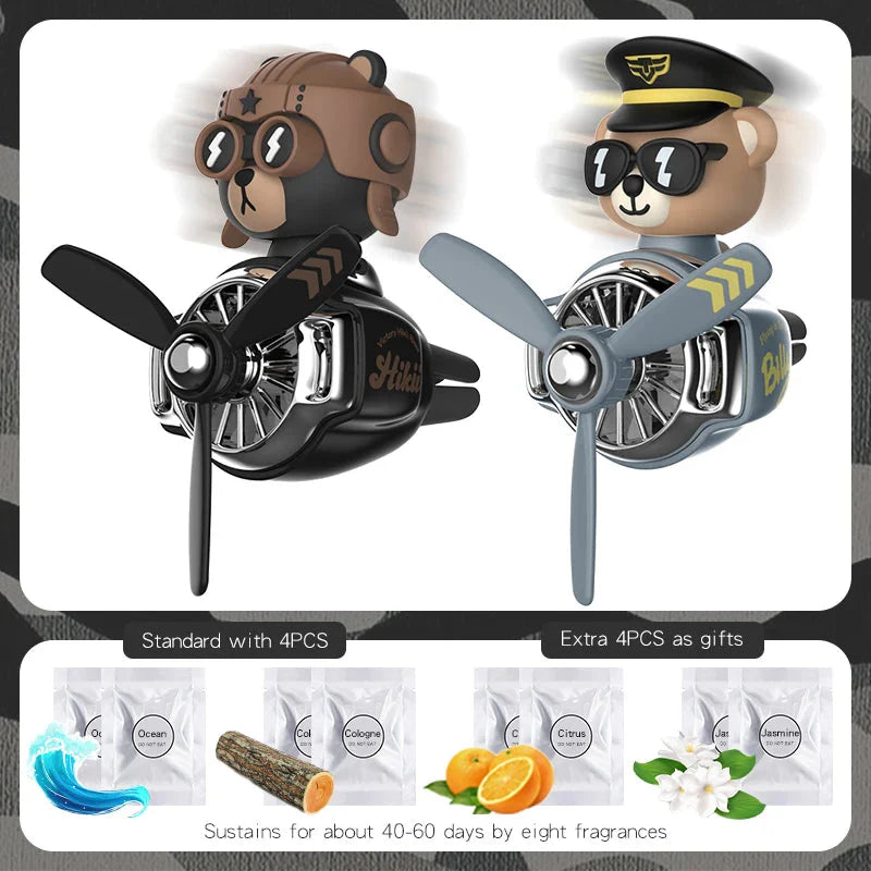 Rotating Airplane Pilot Bear Car Air Freshener - Vent Clip Fragrance Diffuser