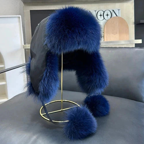 2025 100% Real Fox Fur Hats Women's Russian Ushanka Aviator Trapper Snow Skiing Hat Caps Earflap Winter Raccoon Fur Bomber Hat