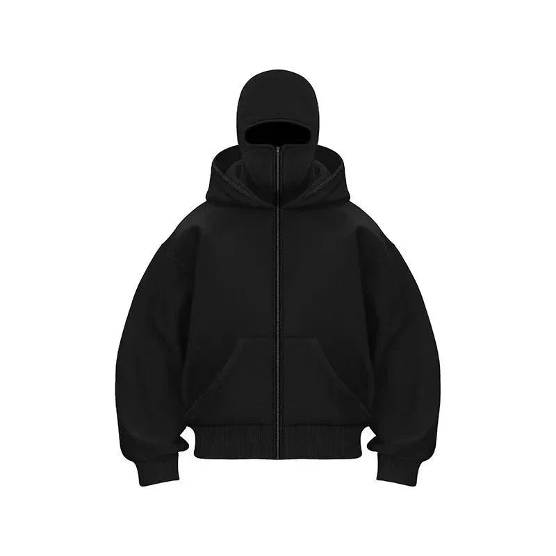 Men’s & Women’s Sports Hoodie with Built-In Mask – Fleece Zip-Up Plus Size Casual Sweatshirt for Autumn & Winter