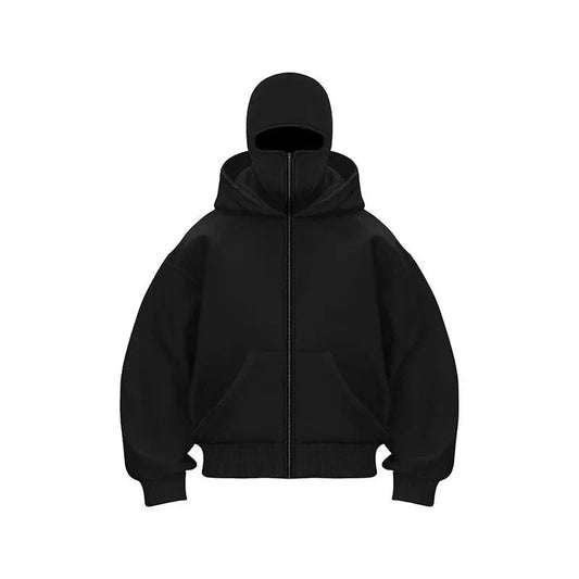 Men’s & Women’s Sports Hoodie with Built-In Mask – Fleece Zip-Up Plus Size Casual Sweatshirt for Autumn & Winter