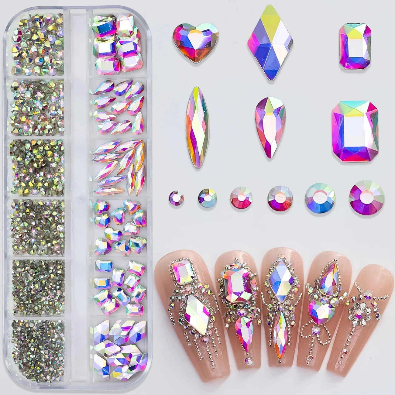 180pcs AB Flatback Glass Nail Rhinestones - Multi-Shape Gems for DIY Nail Art