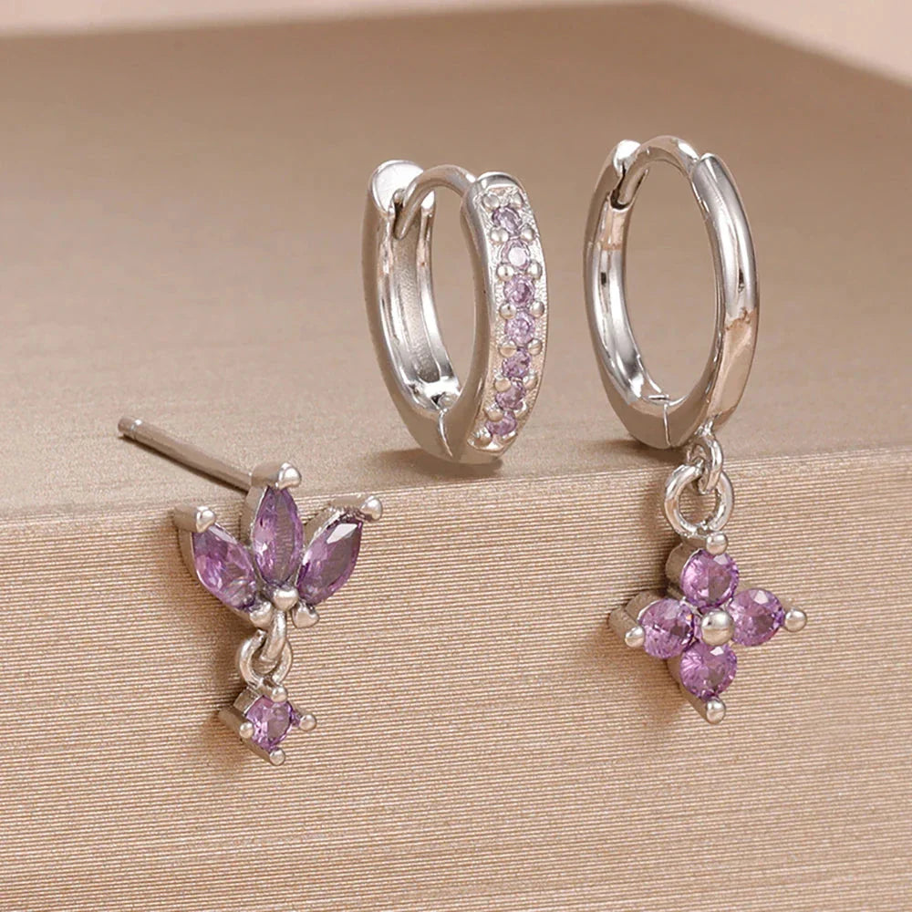 3PCS Zircon Flower Dangle Earrings – Orange & Blue Stainless Steel Set