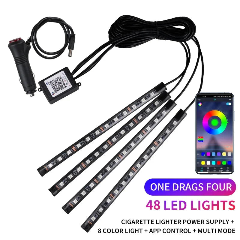 Neon LED Car Interior Ambient Light Kit – RGB Foot Strip Lighting with APP & Remote Control, Music Sync Car Decor Lamp