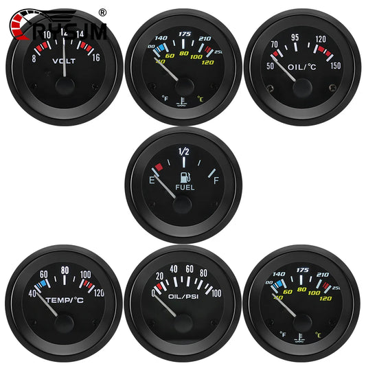 52MM Oil Pressure Gauge Water Temperature Oil Temp Voltmeter Fuel Level Meter with Bracket Pod Holder For 12V Universal Vehicle