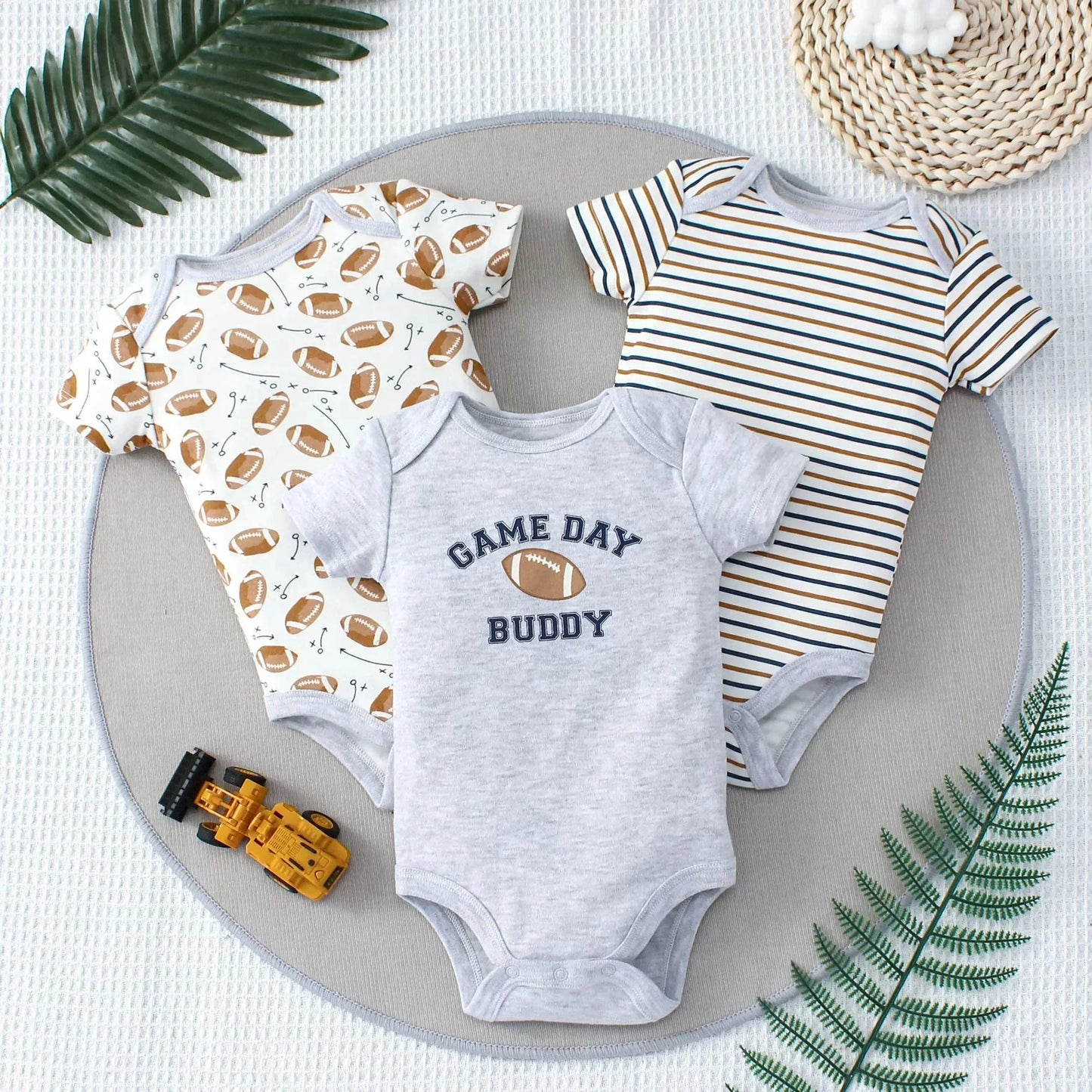 3PCS Baby Bodysuit Set for Boys | Summer Short Sleeve Cotton Romper with Cartoon Dinosaur & Stripe Designs