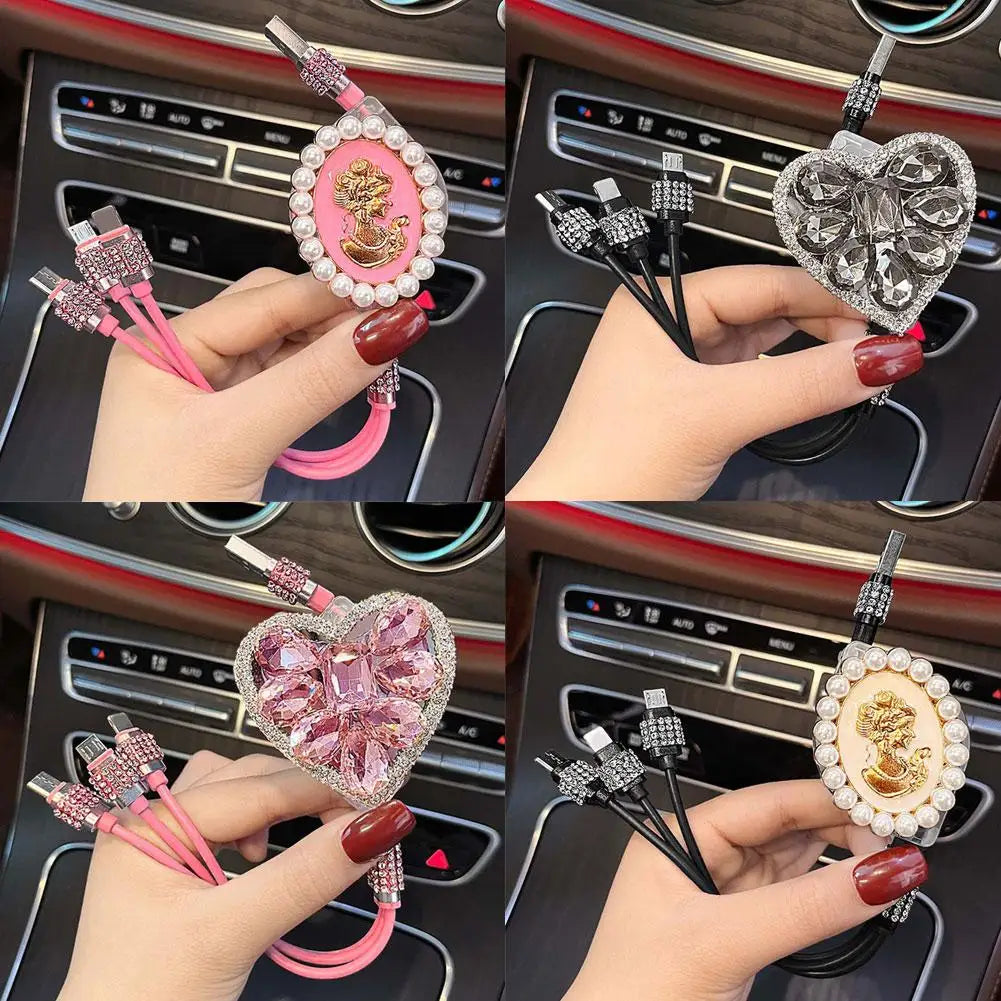 Bling Diamond Goddess Love Car Charger USB Multi Charging Universal Auto Charging New Three-In-One Cable Cable Data Fast Di N2K7