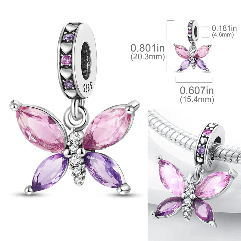 925 Sterling Silver Pink Butterfly & Luminous Firefly Charm – Dangle Bead for Bracelet or Necklace | Elegant DIY Jewelry Gift for Women