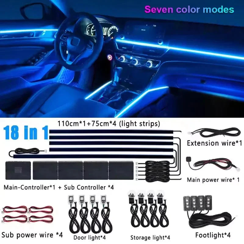 Universal 18-in-1 RGB Car Ambient Light – Interior Neon Strip Kit