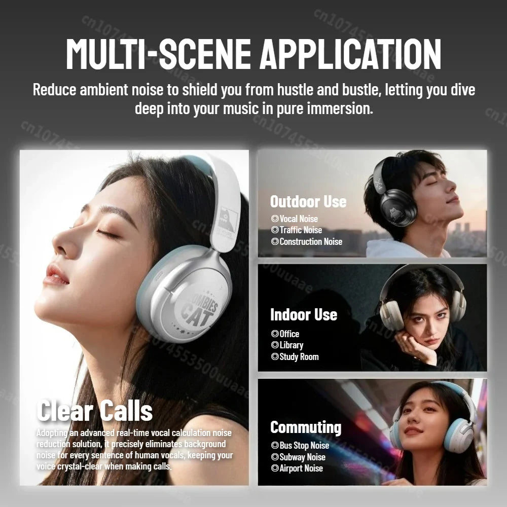 Zombies Cat S10 ANC Bluetooth Headphones -45dB Active Noise Cancellation Headset Immersive Stereo Over-ear Wireless Earphones