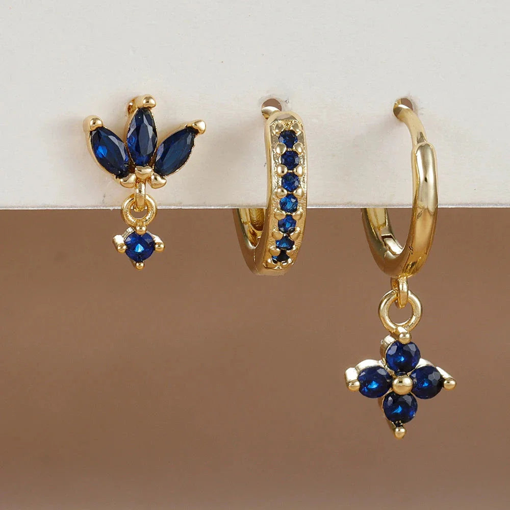3PCS Zircon Flower Dangle Earrings – Orange & Blue Stainless Steel Set