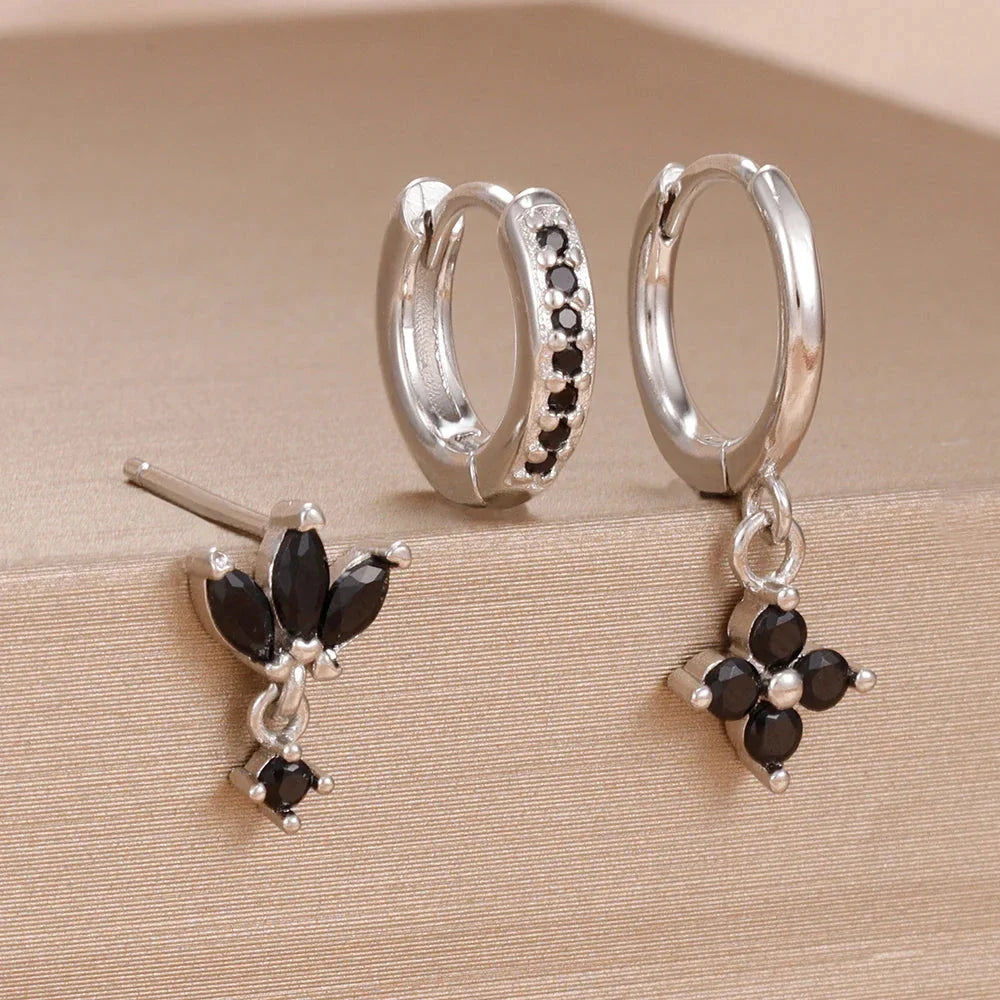 3PCS Zircon Flower Dangle Earrings – Orange & Blue Stainless Steel Set