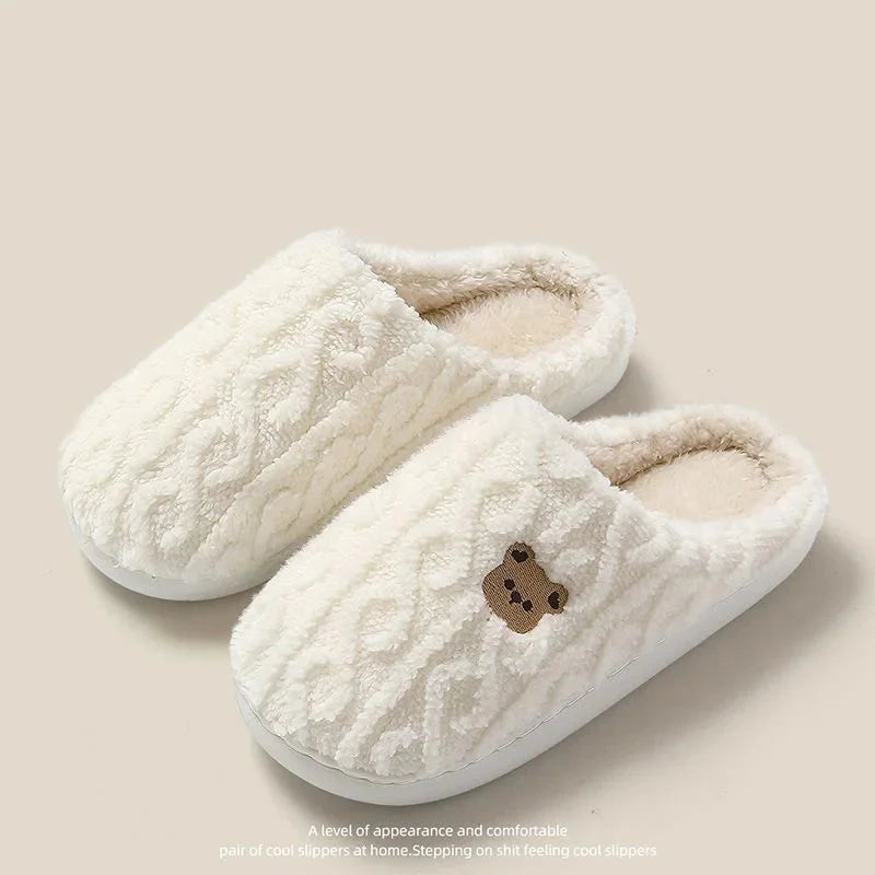 Winter Fluffy Shoes Women Cotton Slippers Cartoon Bear Thick Sole Warm Slides Men Female Couple House Indoor Plush Flat Shoes
