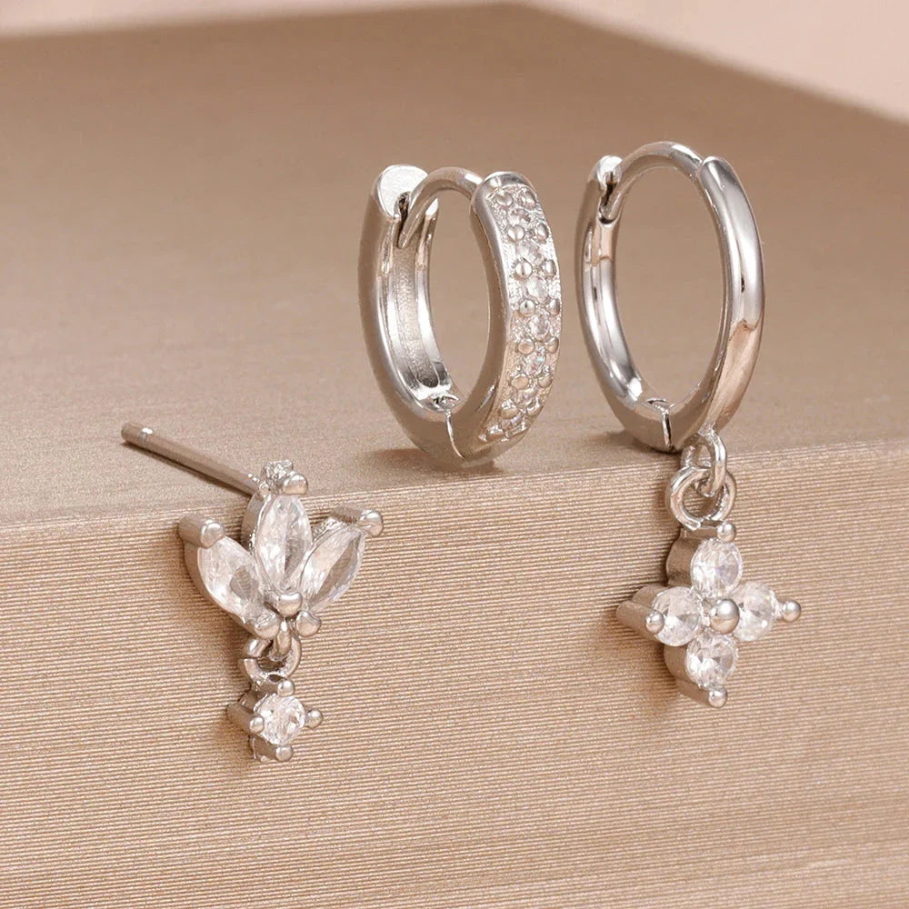 3PCS Zircon Flower Dangle Earrings – Orange & Blue Stainless Steel Set