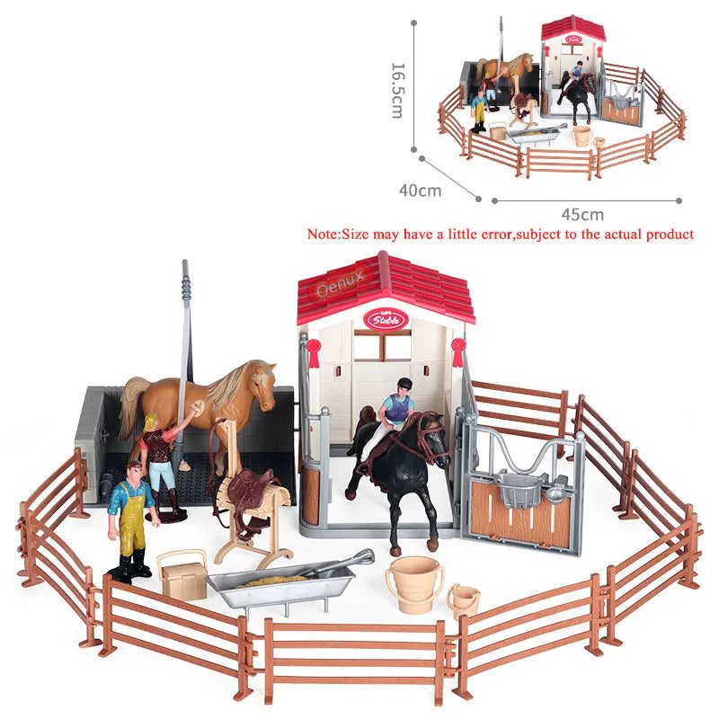 Oenux Farm Stable House Model Action Figures Emulational Horseman Horse Animals Playset Figurine Cute Educational Kids Toy Gift