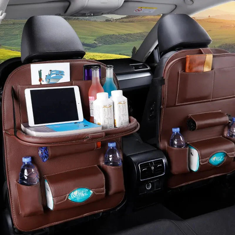 Car Seat Back Organizer with Foldable Table Tray – PU Leather Storage