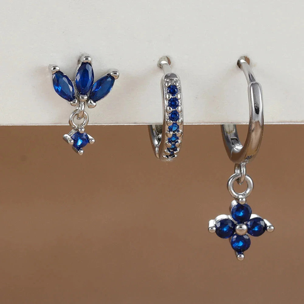 3PCS Zircon Flower Dangle Earrings – Orange & Blue Stainless Steel Set