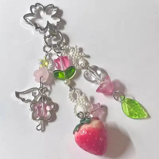 Cute Strawberry Bow Keychain Y2K Coquettish Fairytale Lily of the Valley Handbag Pendant Key Ring Jewelry Accessories Girls Gift