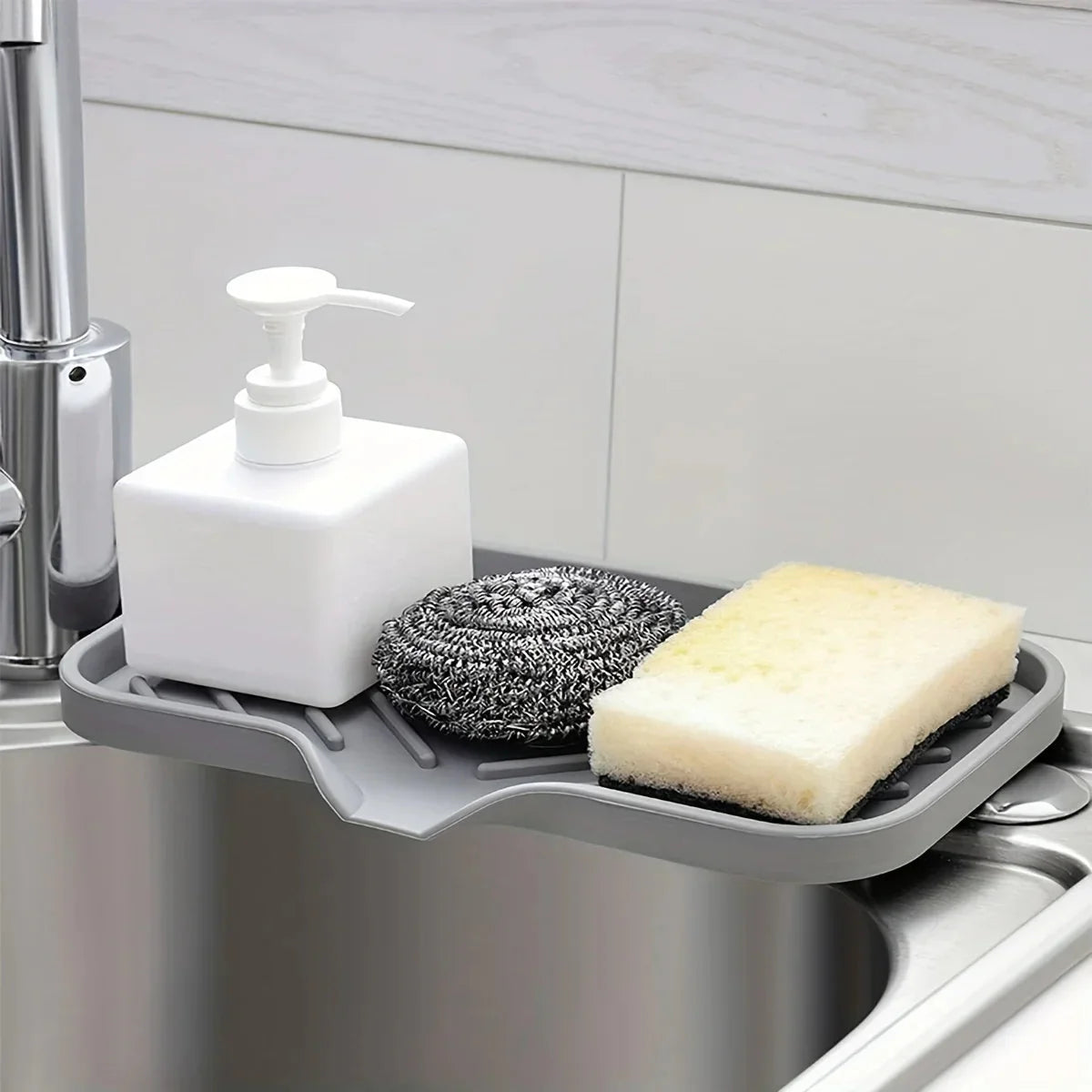 Multifunctional Silicone Sink Tray with Drain – Soap Dish, Sponge & Brush Organizer for Kitchen and Bathroom (Ventilated & Easy to Clean)