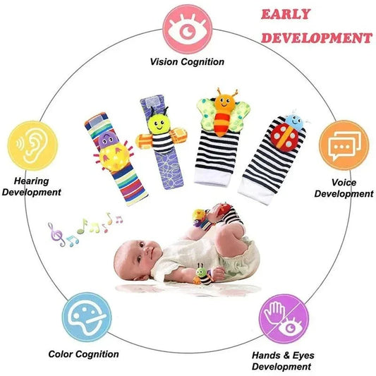 4 PCS Baby Rattle Toy Set Soft Animal Socks & Wrist Straps for Newborns 0–12 Months Educational Plush Toys