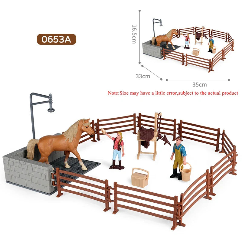 Oenux Farm Stable House Model Action Figures Emulational Horseman Horse Animals Playset Figurine Cute Educational Kids Toy Gift