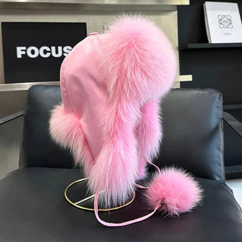 2025 100% Real Fox Fur Hats Women's Russian Ushanka Aviator Trapper Snow Skiing Hat Caps Earflap Winter Raccoon Fur Bomber Hat