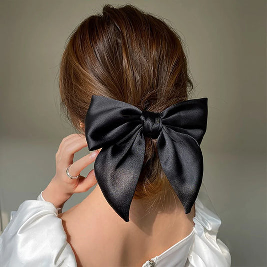 Elegant Satin Bow Hair Tie for Women – Large Ribbon Scrunchie Ponytail Holder, Solid Color Bowknot Elastic Hair Band for Girls
