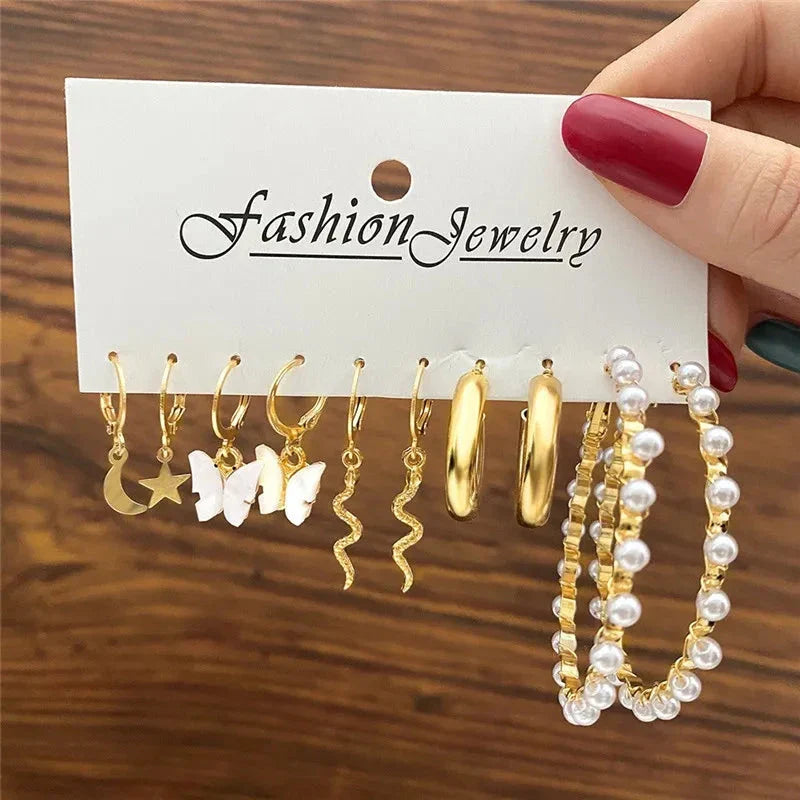 Gold Butterfly & Heart Dangle Earrings Set – Acrylic Drop Jewelry for Women