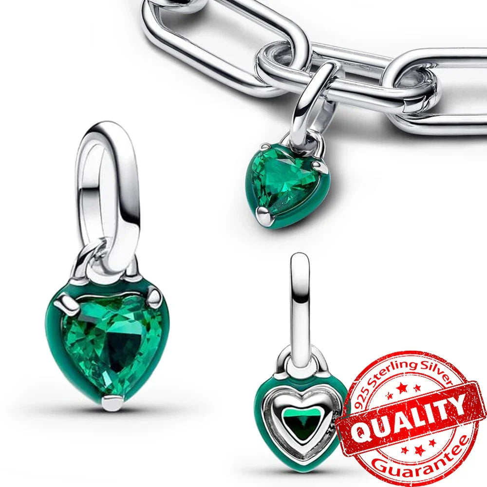 Sparkling Star Mini Dangle Charm - 925 Sterling Silver Green Heart Charm for Me Bracelet, Zircon & Crystal Accent, Customizable Girl Party Jewelry