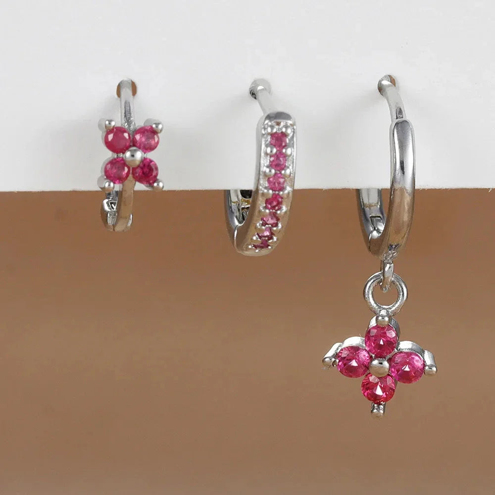3PCS Zircon Flower Dangle Earrings – Orange & Blue Stainless Steel Set