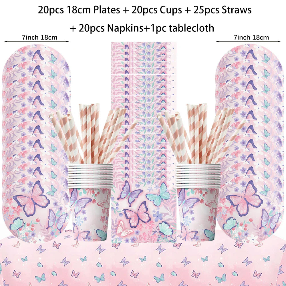 Butterfly Fairy Birthday Party Tableware Set – Pink Disposable Plates, Cups, Napkins & Tablecloth | Girls Party Decorations & Supplies