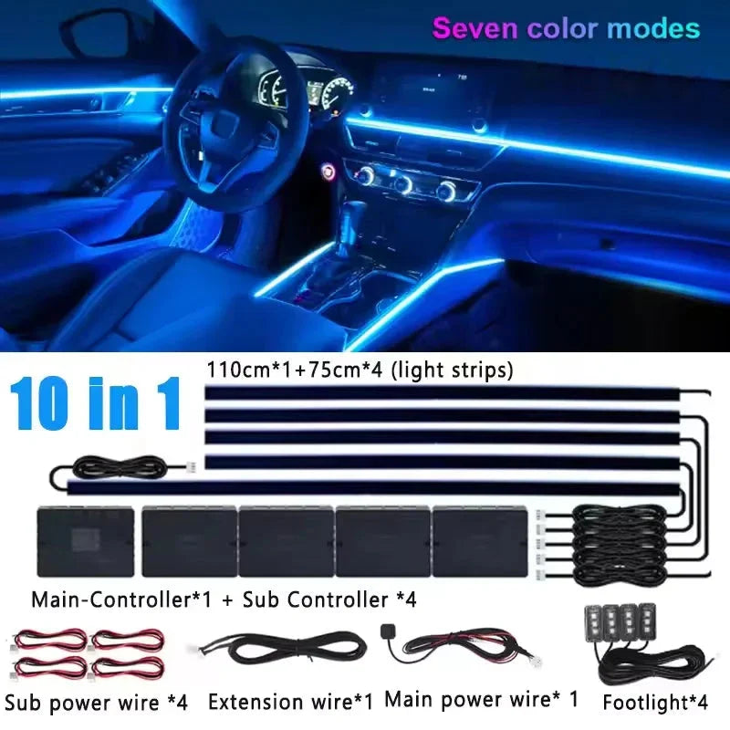 Universal 18-in-1 RGB Car Ambient Light Kit - Full Color App-Controlled Neon Strips