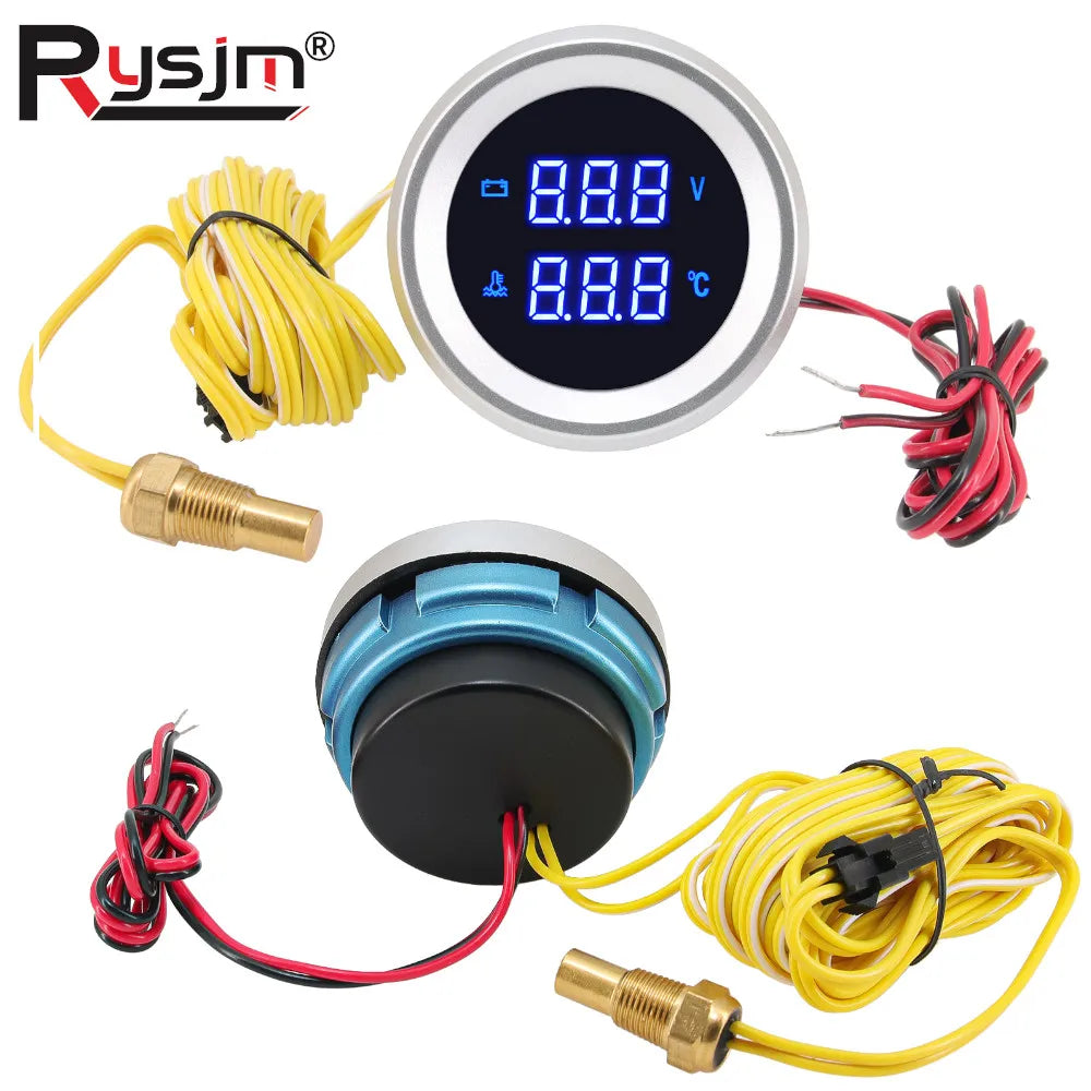 New 2" 52mm Digital Car Truck Water Temp Gauge with 10mm Temperature Sensor Temperatura Voltage Voltmeter Blue LED 12V/24V