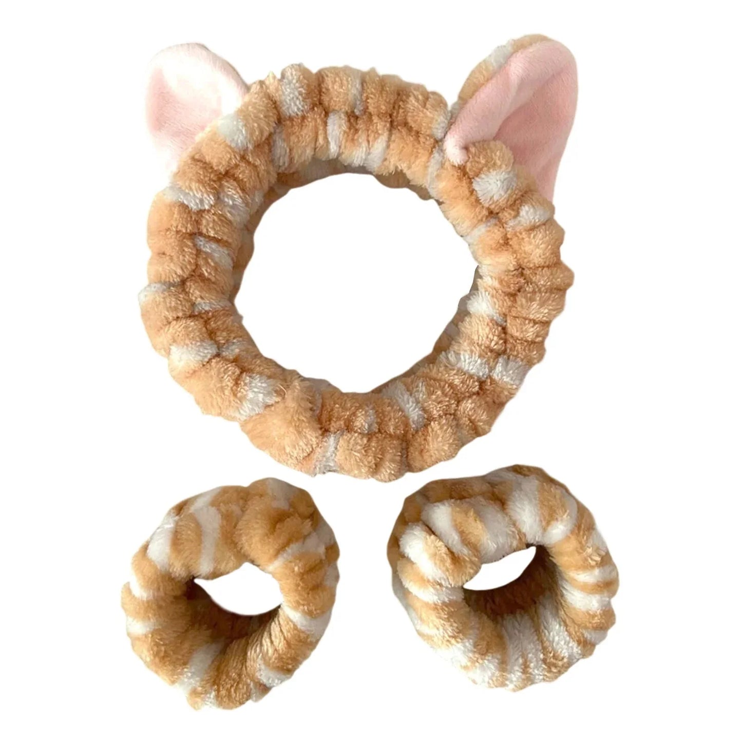 3pcs Wash Face Headband Soft Comfortable Plush Headband Wrist Strap Set For Girls Cartoon Cat Ear Shaped Wash Up Headband Kit