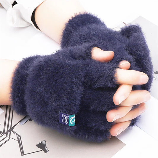 Women’s Plush Fingerless Gloves – Soft Winter Flip Mittens, Thick Warm Writing Gloves for Students & Outdoor Cold Weather Protection