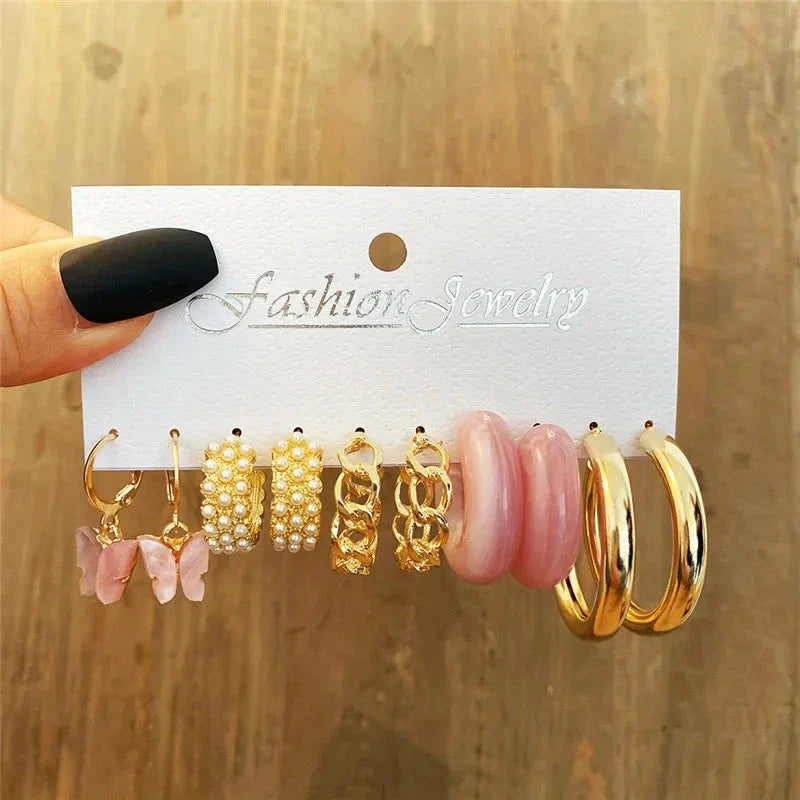 Gold Butterfly & Heart Dangle Earrings Set – Acrylic Drop Jewelry for Women
