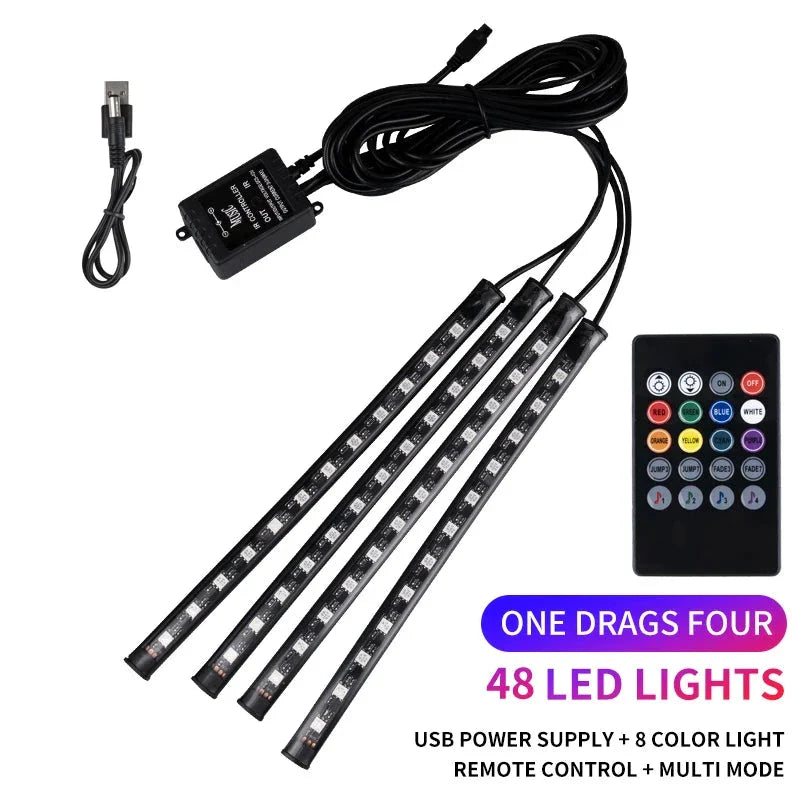 Neon LED Car Interior Ambient Light Kit - RGB Foot Strip with Remote & App Music Control