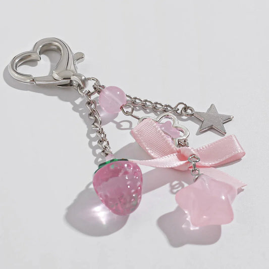 Y2K Fashion Flower Star Love Bow Strawberry Pendant Acrylic Keychain Student Women's Bag Backpack Pants Chain Accessories