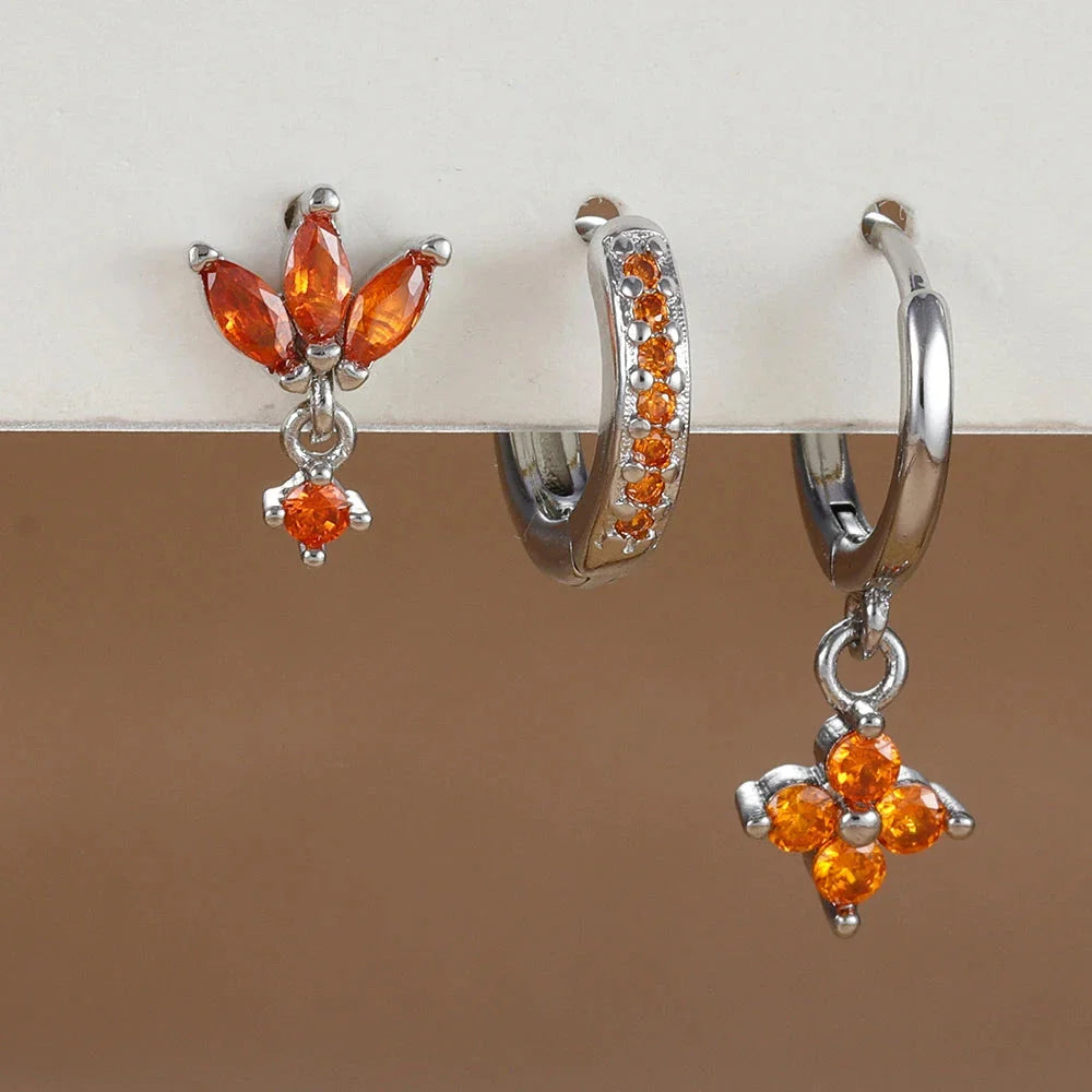 3PCS Zircon Flower Dangle Earrings – Orange & Blue Stainless Steel Set