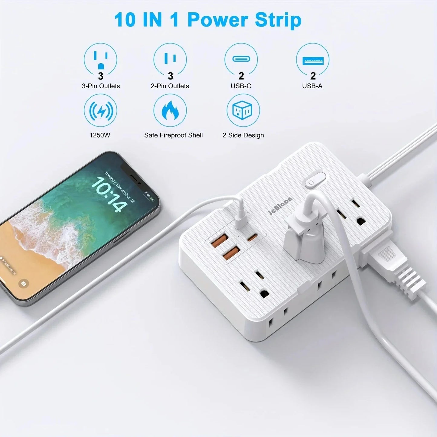 Ultra-Thin Surge Protector Power Strip — 6 Outlets + 4 USB Ports, 5ft Extension Cord | Flat Plug Wall Mount Adapter for Home & Office