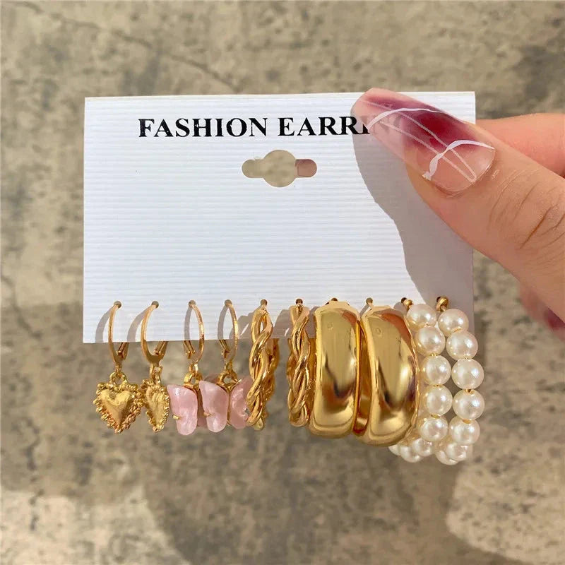 Gold Butterfly & Heart Dangle Earrings Set – Acrylic Drop Jewelry for Women