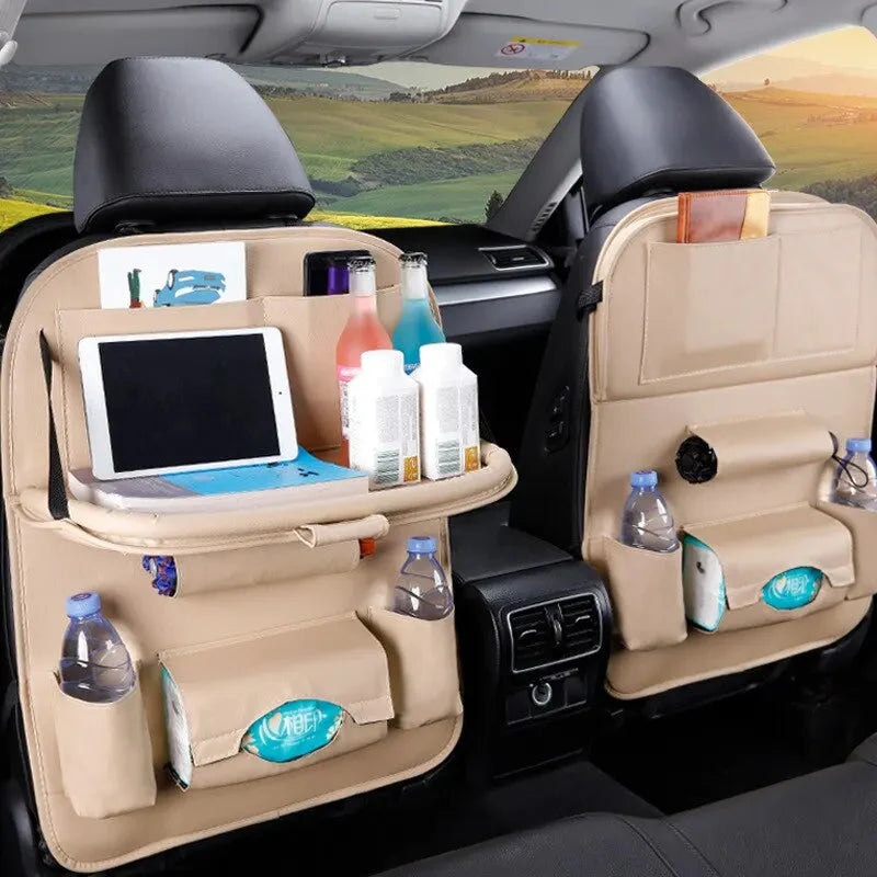 Car Seat Back Organizer with Foldable Table Tray – PU Leather Storage