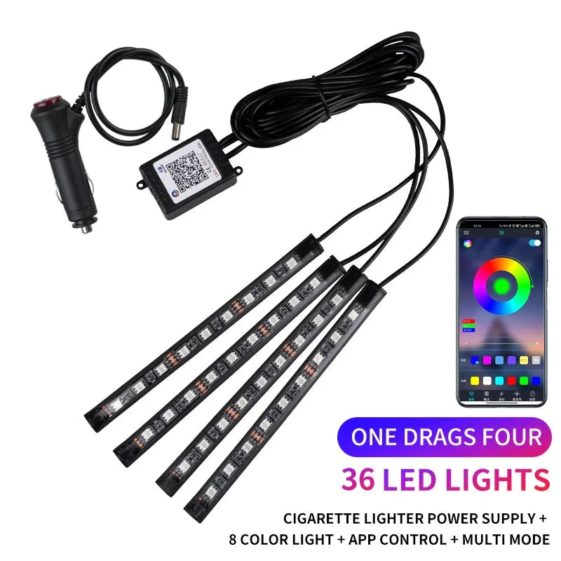 Neon LED Car Interior Ambient Light Kit – RGB Foot Strip Lighting with APP & Remote Control, Music Sync Car Decor Lamp