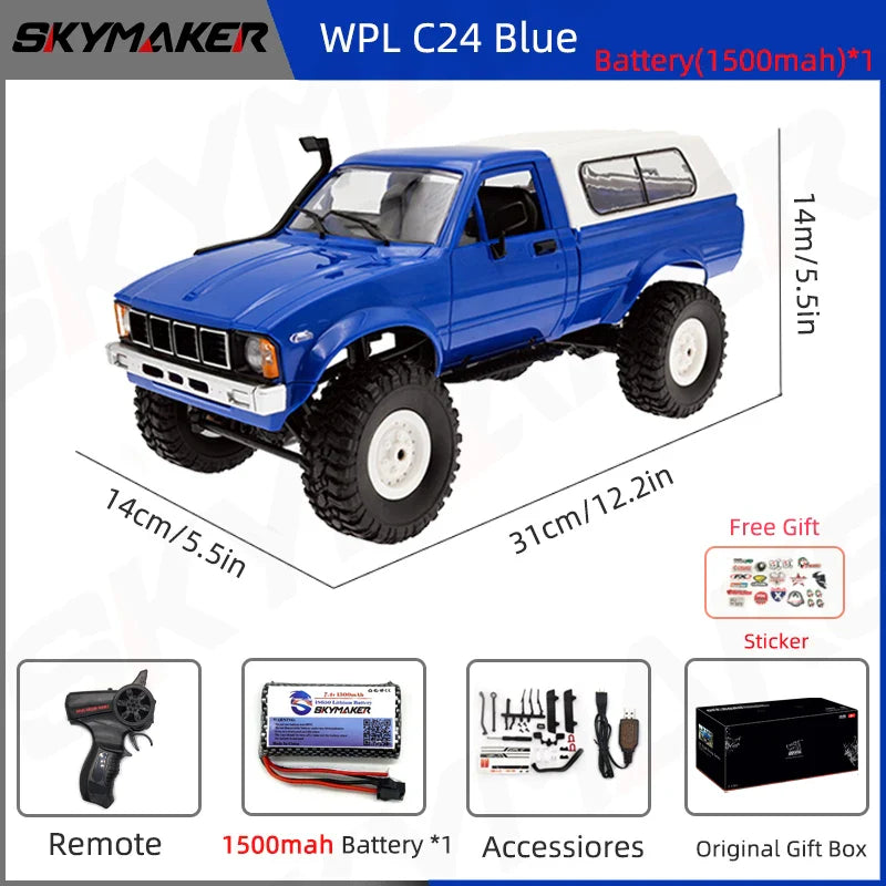 WPL C24-1 Full Scale RC Car 1:16 2.4G 4WD Rock Crawler Electric Buggy Climbing Truck LED Light On-road 1/16 For Kids Gifts Toys