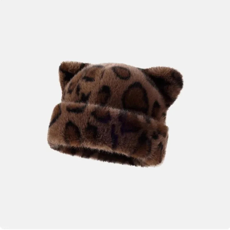 Leopard print plush teddy bear hat for women, sweet and cute, thick and warm, retro and versatile, hooded beanie.